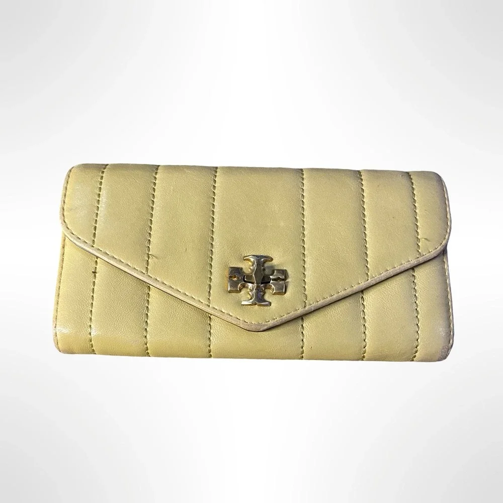 Tory Burch Kira Quilted Leather Envelope Wallet Pale Yellow Gold Hardware